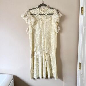 Vintage Cream Lace Drop Waist Dress Polka Dot Ruffle Size Small Butter Yellow